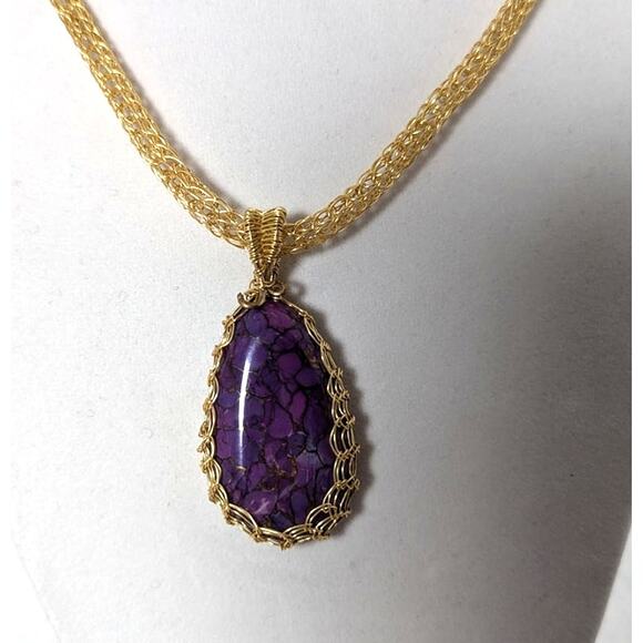 Purple copper stone pendant Wire wrapped Viking knit Hook clasp chain +earrings - Picture 1 of 6